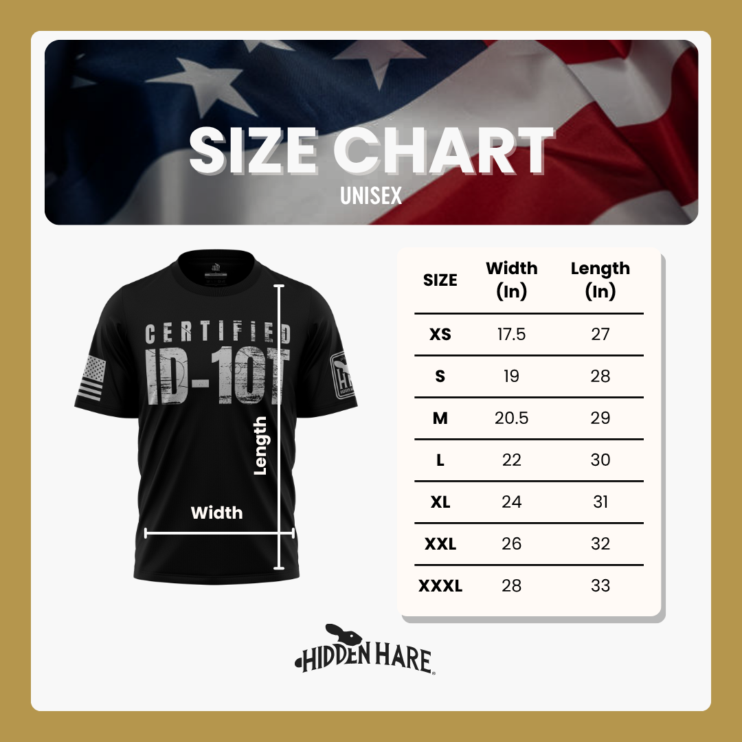 Hidden Hare T-shirt size chart: chest width and body length by size